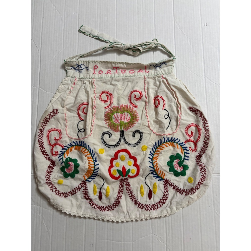 Vintage Portugal Hand Embroidered Folk Art Half Apron White Cotton Floral Pocket